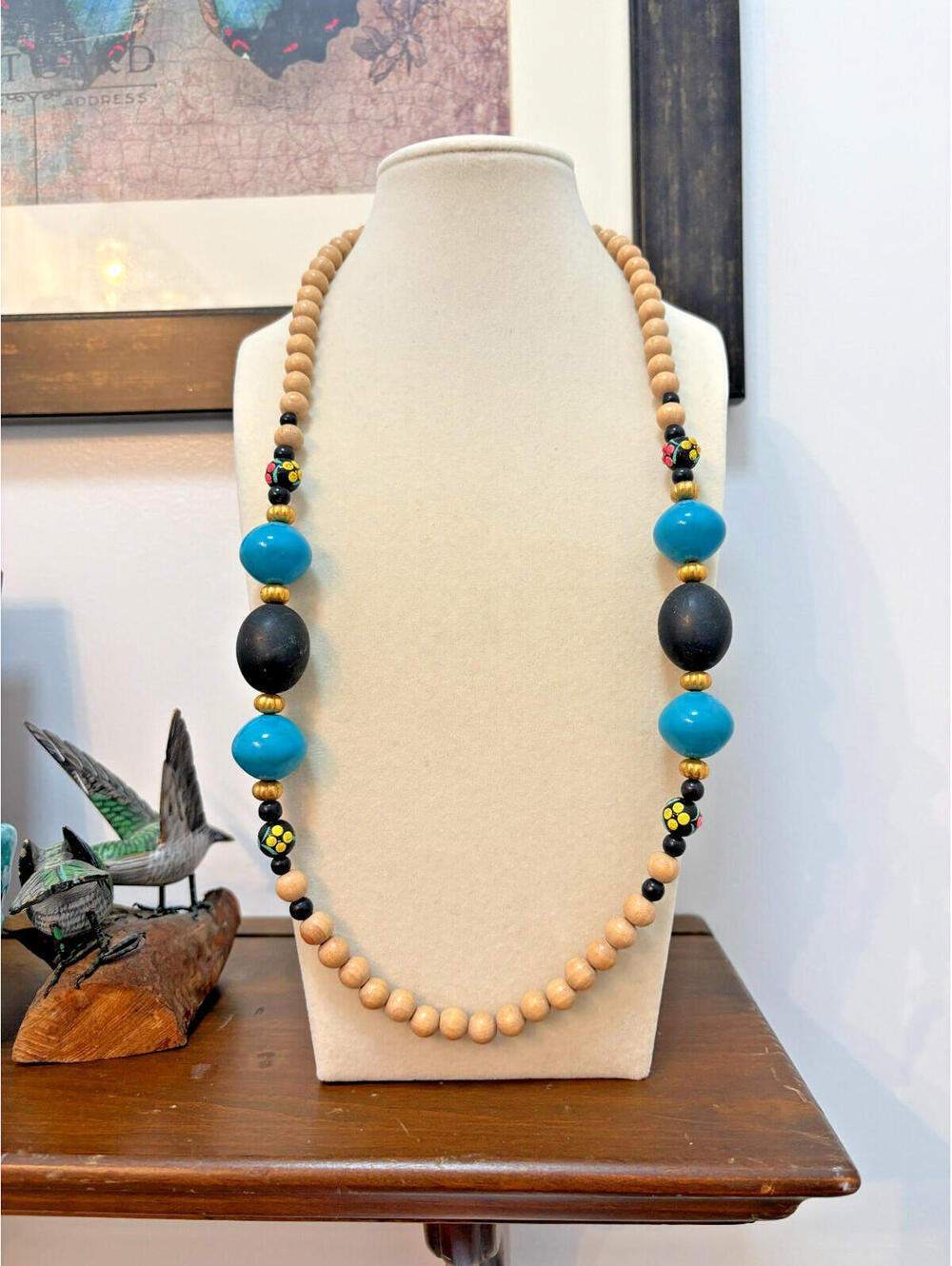 Vintage Blonde Wood Beaded Necklace w Blue Black Gold Acrylic Accents Boho Beach